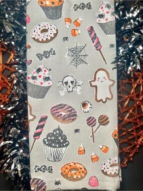 2 Halloween Sweets Kitchen Towels Candy Cookie Ghost Cupcake Donuts Glittered